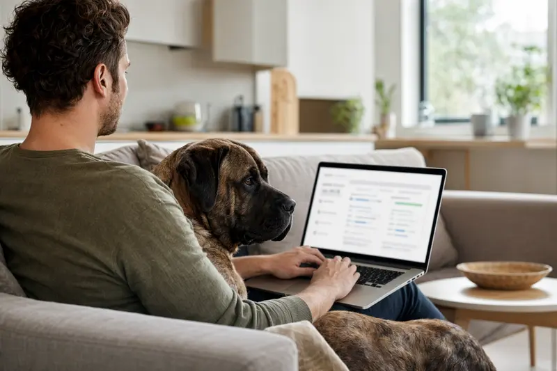 Ein Besitzer sitzt ruhig auf dem Sofa mit einem Laptop, während ein Englischer Mastiff neben ihm sitzt, der Bildschirm zeigt eine unauffällige Versicherungsvergleichsseite.