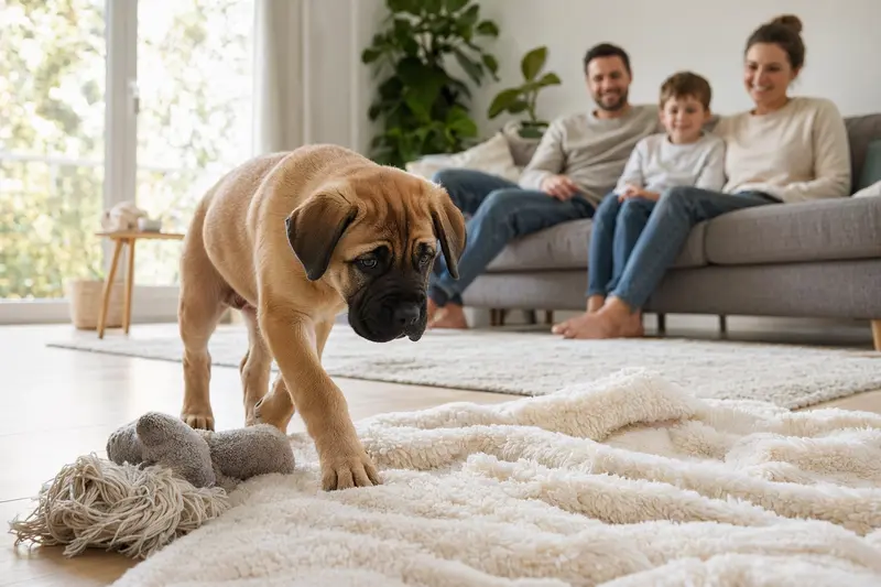 Ein neugieriger Englischer Mastiff Welpe erkundet sein neues Zuhause mit weicher Decke und Spielzeug, während die liebevolle Familie im Hintergrund zu sehen ist.