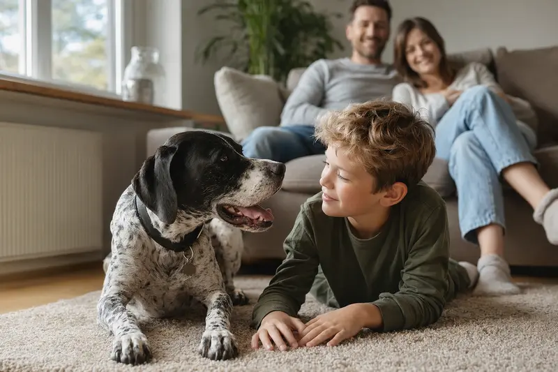 Ein entspannter Englischer Pointer Hund liegt neben einem Kind in einem lichtdurchfluteten Wohnzimmer, während die Eltern im Hintergrund für eine vertrauensvolle Familienatmosphäre sorgen.