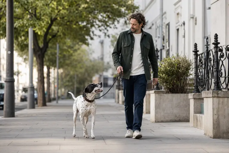 Ein Englischer Pointer läuft an der Leine mit seinem Besitzer durch eine moderne Stadtstraße.