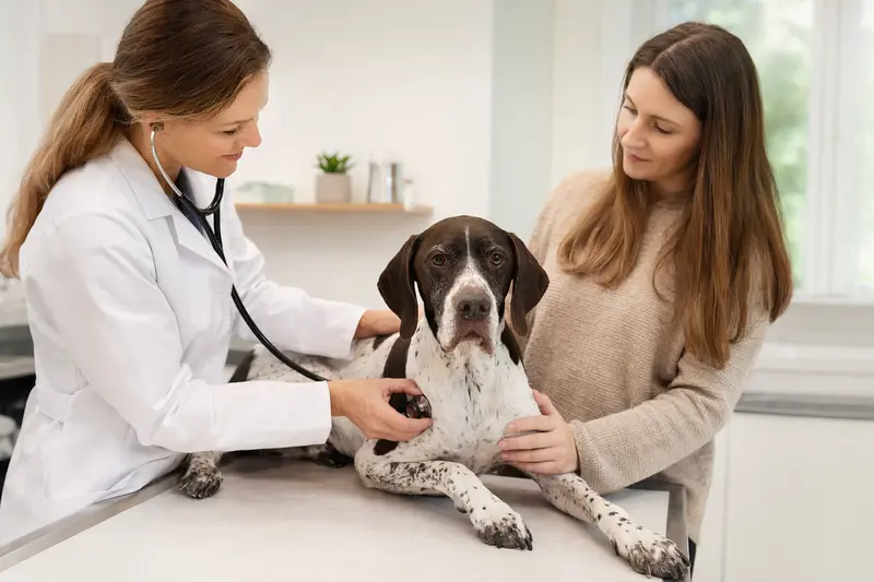 Ein ruhiger Englischer Pointer wird von einer Tierärztin in einer modernen Praxis mit einem Stethoskop untersucht, während sein Besitzer beruhigend daneben steht.