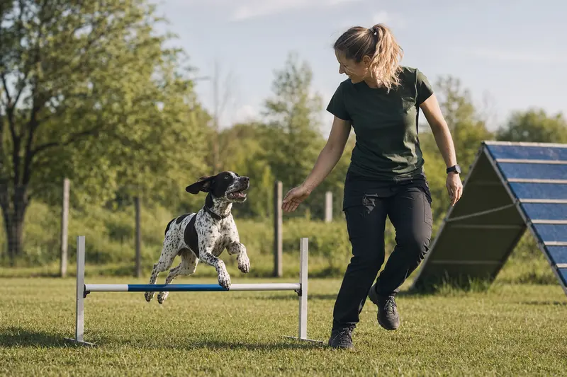 Ein Englischer Pointer springt mit seinem Besitzer über eine kleine Trainingshürde auf dem Hundeplatz.