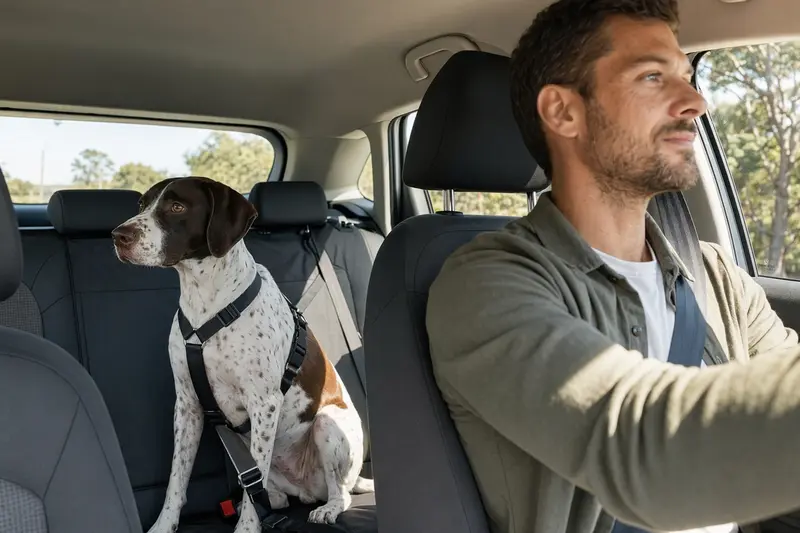 Ein Englischer Pointer Hund, sicher angeschnallt auf der Rückbank eines Autos, während der Besitzer fährt.