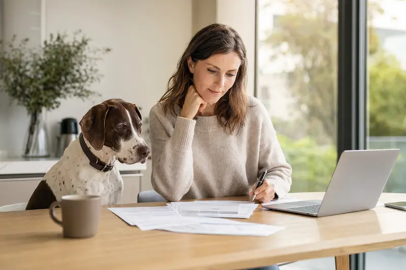Ein Englischer Pointer Hund sitzt ruhig neben seinem Besitzer am Küchentisch, während Versicherungsunterlagen und ein Laptop mit Vergleichsseite auf dem Tisch liegen.