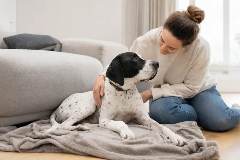 Englischer Pointer Hund mit Verband an der Pfote liegt bequem auf einer Decke neben seinem erleichterten Besitzer in einer hellen Wohnung.