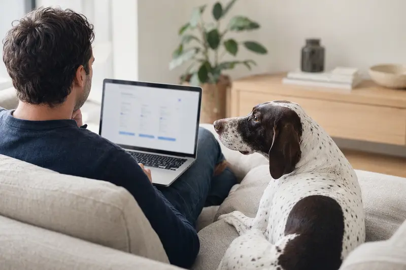 Ein Besitzer arbeitet am Laptop auf dem Sofa, während sein Englischer Pointer Hund entspannt daneben sitzt und die neutrale Versicherungsvergleichs-Oberfläche im Hintergrund zeigt.