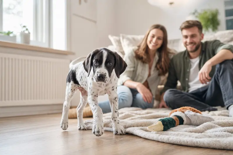 Ein neugieriger englischer Pointer Welpe erkundet behutsam sein neues Zuhause mit weicher Decke und Spielzeug.