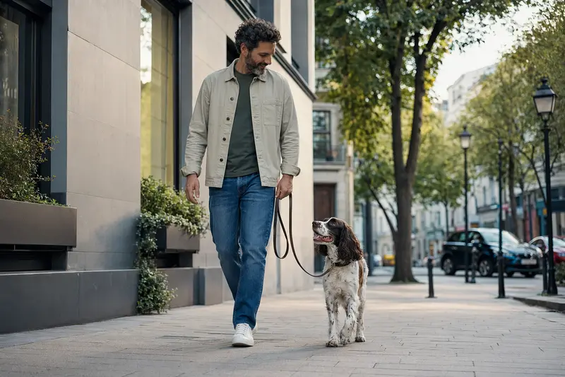 Ein Englischer Springer Spaniel läuft an der Leine mit seinem Besitzer durch eine freundliche moderne Stadtstraße.