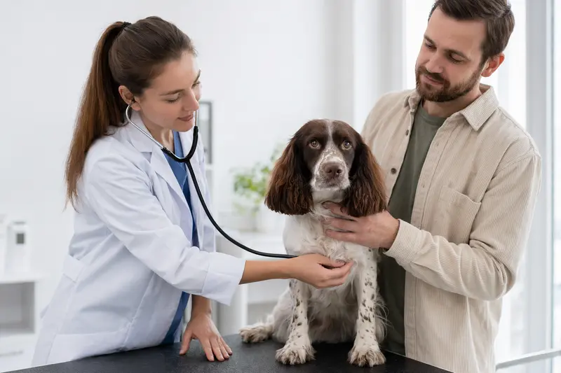Eine Tierärztin untersucht einen ruhigen Englischen Springer Spaniel auf dem Untersuchungstisch in einer hellen Tierarztpraxis, während der Besitzer beruhigend danebensteht.