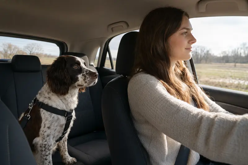 Ein Englischer Springer Spaniel sitzt sicher angeschnallt auf der Rückbank eines Autos, während der Besitzer ruhig fährt.