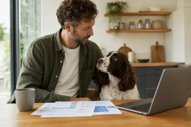 Ein Englischer Springer Spaniel sitzt ruhig neben seinem Besitzer am Küchentisch mit Versicherungsunterlagen und einem Laptop zur Hundeversicherung.