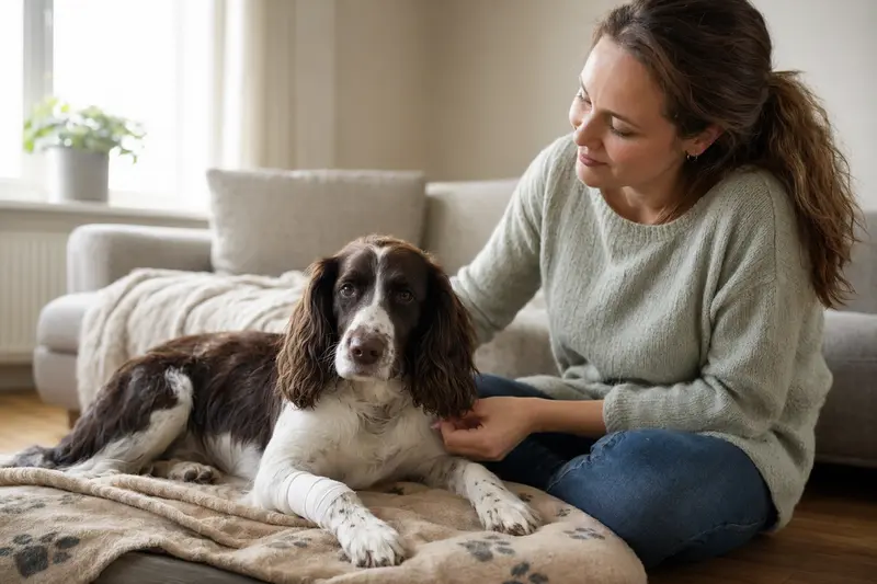 Englischer Springer Spaniel mit leicht verbundenem Vorderpfotenverband liegt ruhig auf einer Decke, während sein Besitzer neben ihm sitzt und erleichtert wirkt.