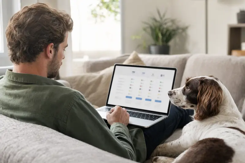 Ein Hundebesitzer sitzt entspannt mit einem Laptop auf dem Sofa, während ein Englischer Springer Spaniel neben ihm sitzt und der Bildschirm eine Versicherungsvergleichsseite zeigt.