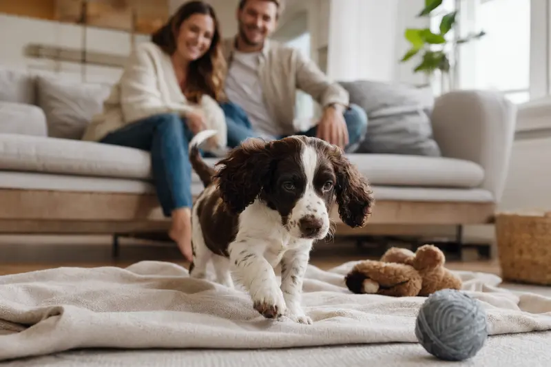 Ein junger Englischer Springer Spaniel Welpe erkundet neugierig sein neues Zuhause auf einer weichen Decke mit Spielzeug in einer hellen Wohnung.
