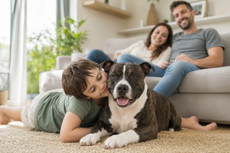 Ein freundlicher Englischer Stafford Hund liegt entspannt neben einem Kind im Wohnzimmer und vermittelt eine vertrauensvolle Familienatmosphäre.