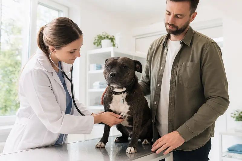 Ein Englischer Stafford Hund wird von einer freundlichen Tierärztin in einer modernen Praxis mit einem Stethoskop untersucht, während der Besitzer beruhigend daneben steht.