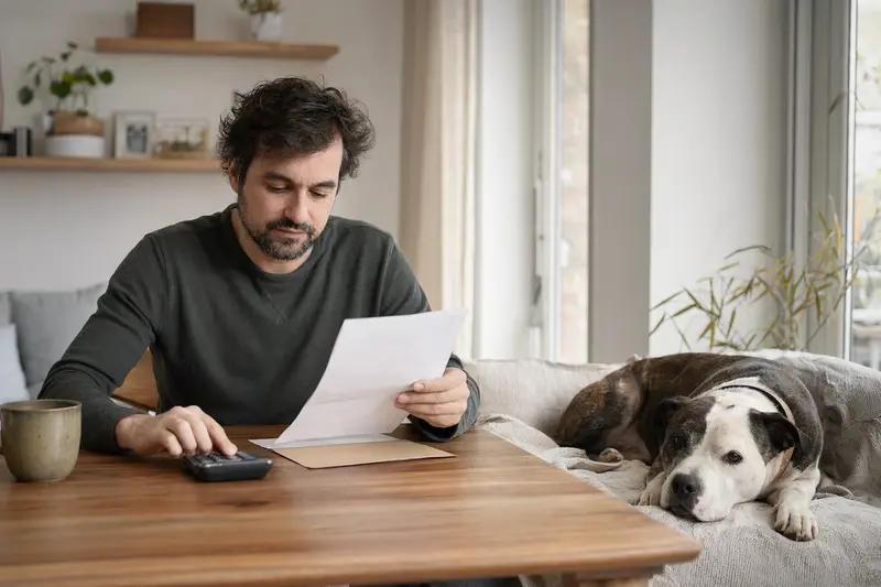 Ein Hundehalter sitzt mit einer Tierarztrechnung am Tisch, während ein entspannter Englischer Stafford auf einer Decke liegt.