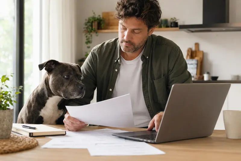 Englischer Stafford Hund sitzt ruhig neben seinem Besitzer am Küchentisch mit Versicherungsunterlagen und Laptop.