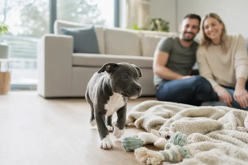 Ein junger Englischer Stafford Welpe erkundet neugierig sein neues Zuhause mit weicher Decke und Spielzeug, während eine liebevolle Familie im Hintergrund zu sehen ist.