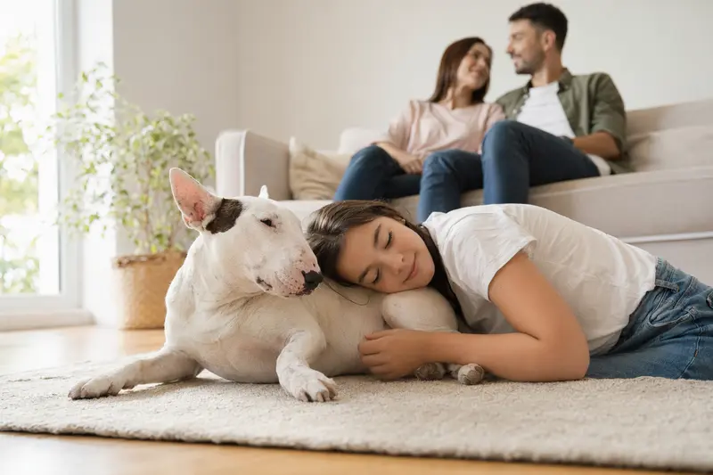 Ein entspannter English Bull Terrier liegt neben einem Kind im Wohnzimmer und schafft eine harmonische Familienatmosphäre.