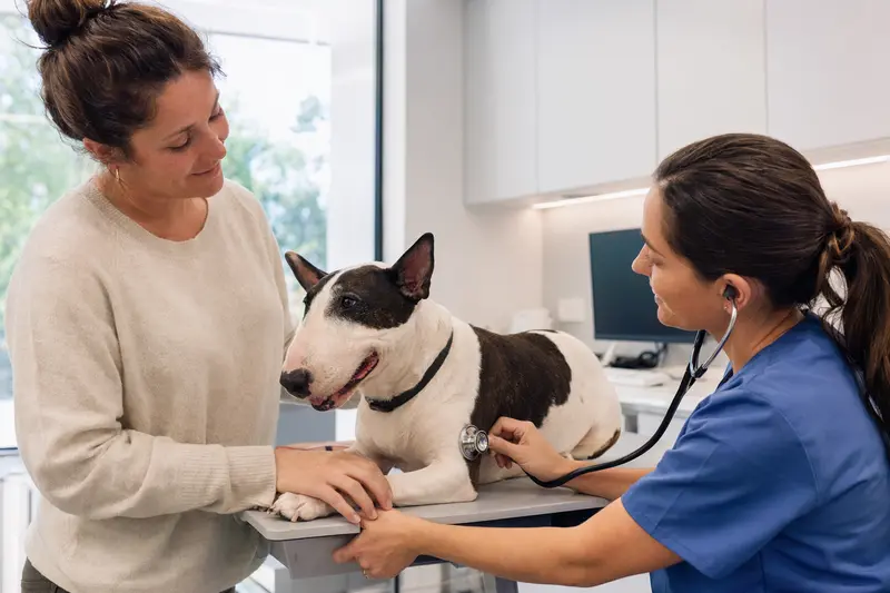 Ein ruhiger English Bull Terrier wird von einer freundlichen Tierärztin mit einem Stethoskop in einer modernen Praxis untersucht, während der Besitzer beruhigend daneben steht.