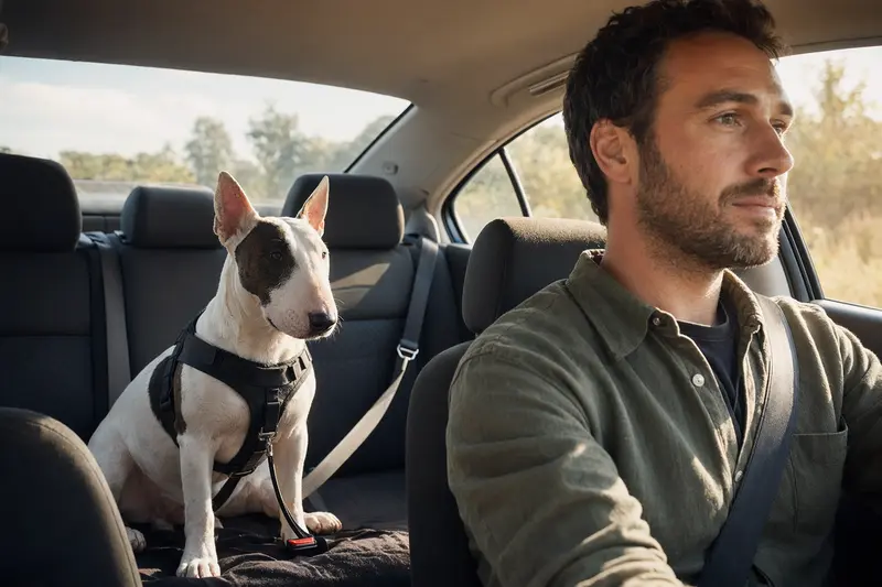 Ein English Bull Terrier sitzt sicher angeschnallt auf der Rückbank eines Autos, während die Sonne durch das Fenster scheint.
