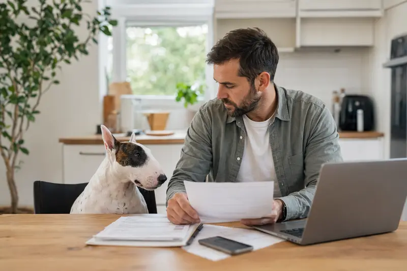 Ein English Bull Terrier sitzt seelenruhig neben seinem Besitzer am Küchentisch, während Versicherungsunterlagen und ein Laptop auf dem Tisch liegen.