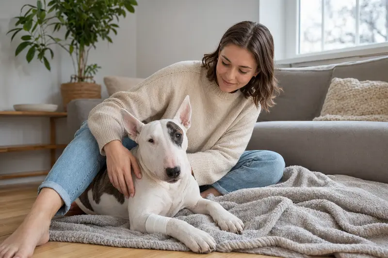 Ein English Bull Terrier mit Verband an der Pfote entspannt auf einer Decke, während sein Besitzer erleichtert daneben sitzt.