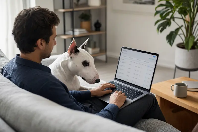 Ein Hundebesitzer arbeitet am Laptop auf dem Sofa, während ein English Bull Terrier entspannt daneben sitzt und eine Versicherungsvergleichsseite betrachtet wird.