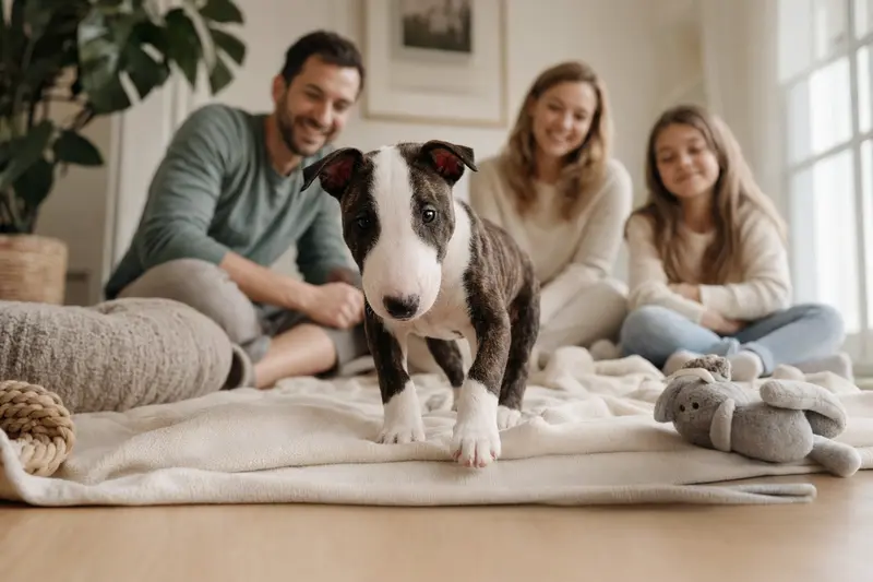 Ein junger English Bull Terrier Welpe erkundet neugierig sein neues Zuhause mit einer weichen Decke und Spielzeug, während eine liebevolle Familie im Hintergrund sichtbar ist.