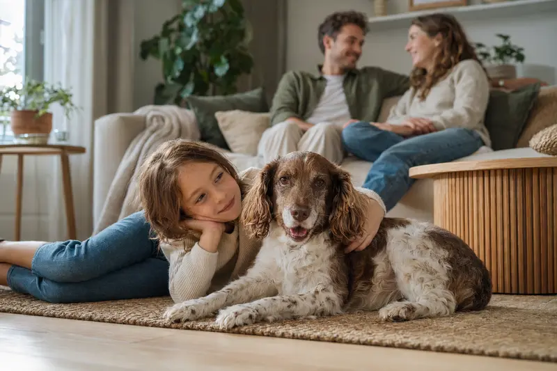 Ein entspannter English Cocker Spaniel liegt neben einem Kind im hellen Wohnzimmer.