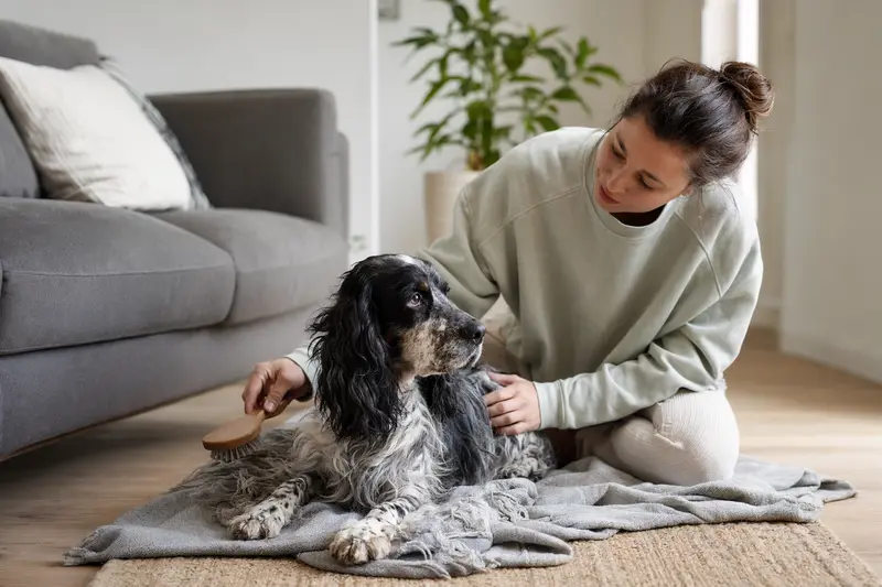 Ein English Cocker Spaniel wird zuhause sanft gebürstet, während sein Besitzer die Fellpflege liebevoll und ruhig übernimmt.