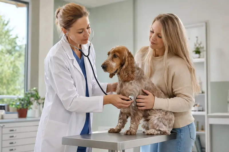 Ein ruhiger English Cocker Spaniel wird von einer freundlichen Tierärztin auf einem Untersuchungstisch in einer modernen Tierarztpraxis sanft untersucht.