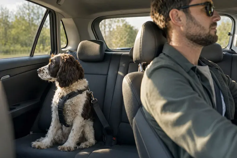 Ein English Cocker Spaniel sitzt sicher angeschnallt auf der Rückbank eines Autos, während der Besitzer ruhig fährt.