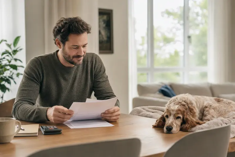 Ein Hundehalter sitzt mit einer Tierarztrechnung am Tisch, während ein entspannter English Cocker Spaniel auf einer Decke liegt – ein ruhiges Motiv zum Thema Hundekrankenversicherung.