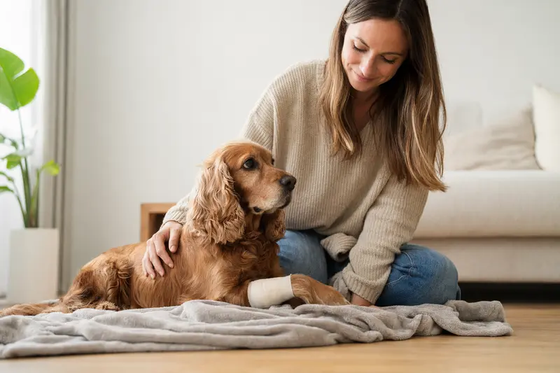 Ein ruhender English Cocker Spaniel mit Verband an der Pfote liegt neben seinem erleichterten Besitzer in einer hellen Wohnung.