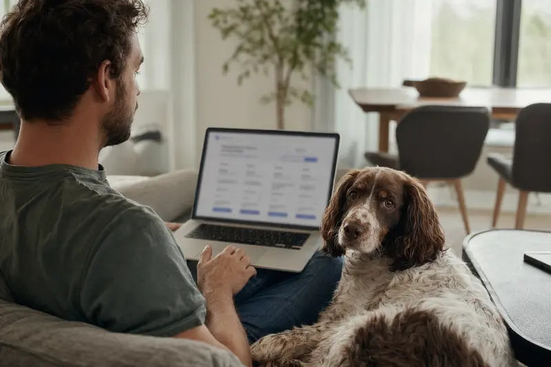 Ein entspannter Hundebesitzer mit Laptop auf dem Sofa, während ein English Cocker Spaniel neben ihm sitzt und die Entscheidung für eine Tierversicherung erleichtert.