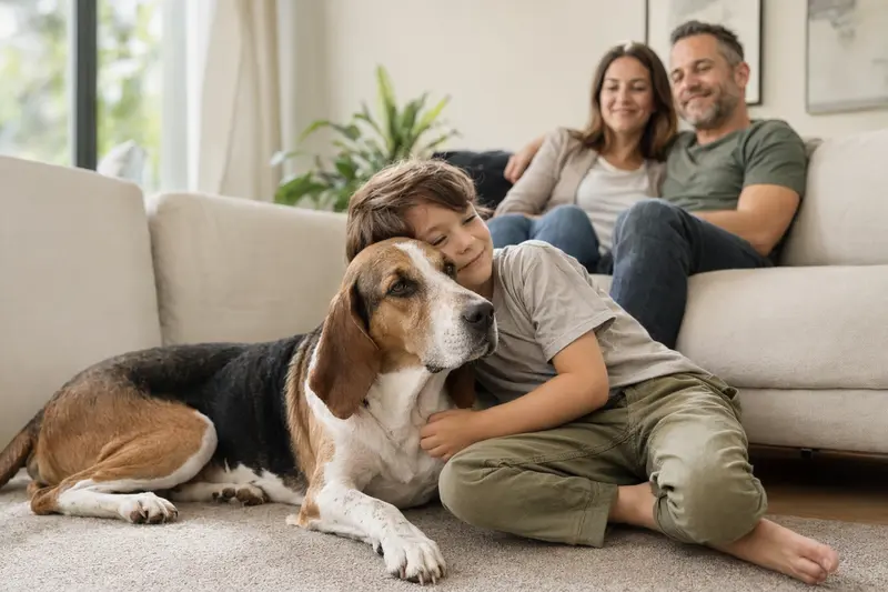 Ein entspannter English Coonhound liegt neben einem Kind im Wohnzimmer und vermittelt eine sichere Familienatmosphäre.