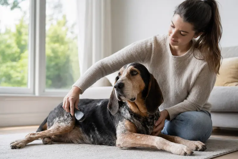 Ein English Coonhound wird in einer hellen Wohnung sanft gebürstet, während sein Besitzer die Fellpflege liebevoll übernimmt.