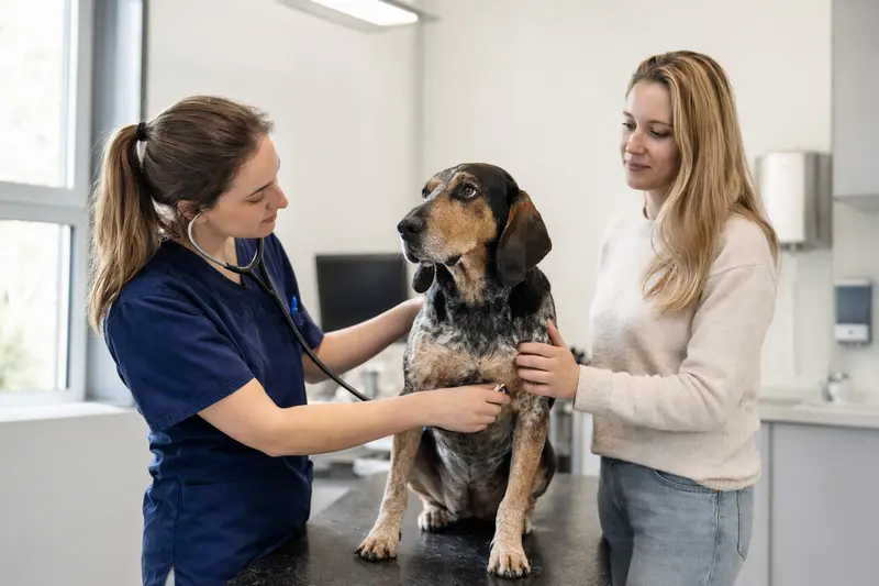 Ein English Coonhound wird behutsam von einer Tierärztin in einer modernen Praxis untersucht, während der Besitzer beruhigend daneben steht.