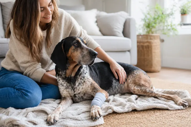 Ein English Coonhound mit Verband an der Pfote liegt entspannt auf einer Decke, während sein Besitzer neben ihm sitzt und erleichtert wirkt.