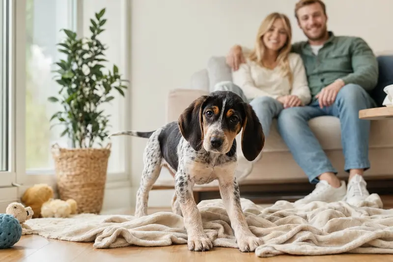 Ein neugieriger English Coonhound Welpe erkundet seine neue Wohnung mit einer weichen Decke und Spielzeug, während eine liebevolle Familie im Hintergrund zu sehen ist.