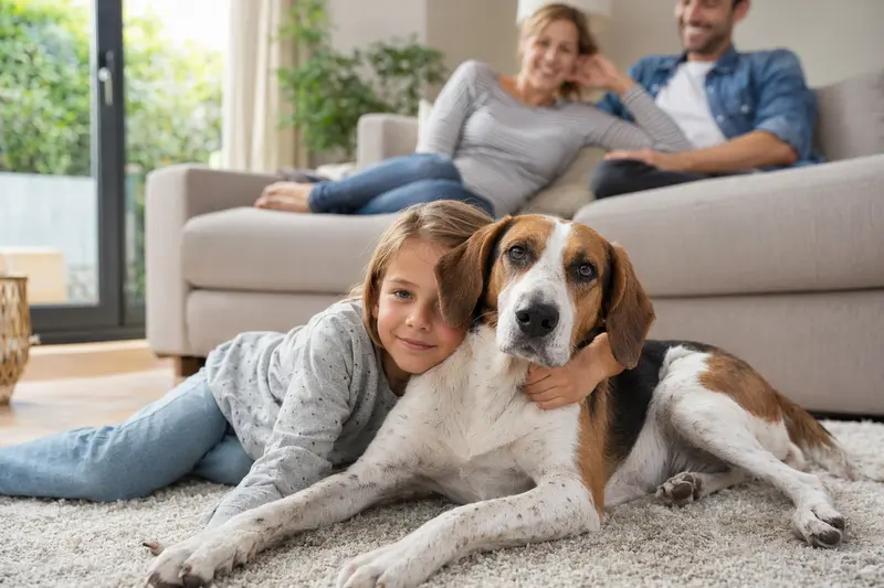 Ein freundlicher English Foxhound liegt entspannt neben einem Kind im Wohnzimmer, umgeben von einer warmen Familienatmosphäre.