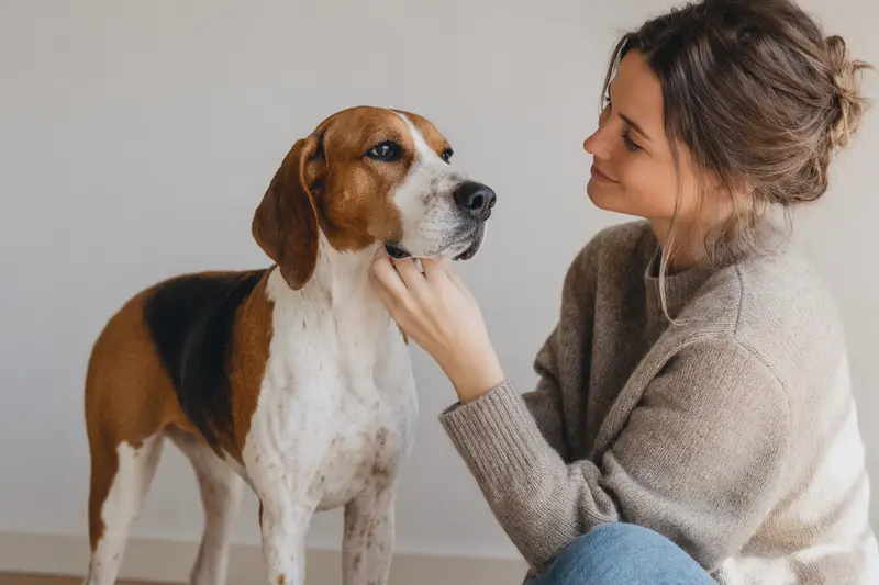 Ein aufmerksamer English Foxhound steht in natürlicher Haltung vor hellem neutralem Hintergrund, als realistisches Hundeporträt für einen Ratgeber zur Hundegesundheit.