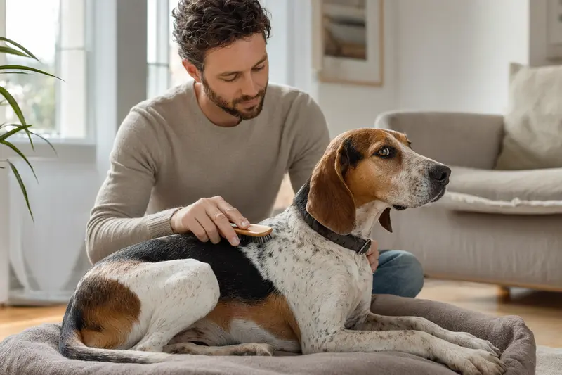 Ein English Foxhound wird in einer hellen Wohnung liebevoll gebürstet, während sein Besitzer die Fellpflege ruhig und aufmerksam übernimmt.