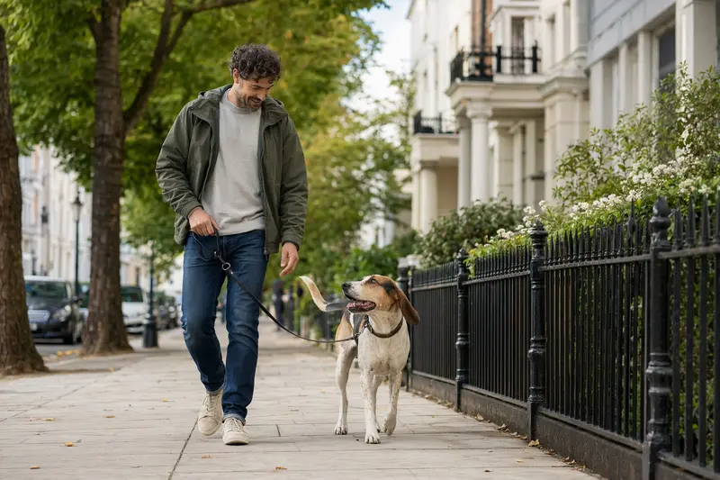 Ein English Foxhound läuft an der Leine mit seinem Besitzer durch eine freundliche moderne Stadtstraße.