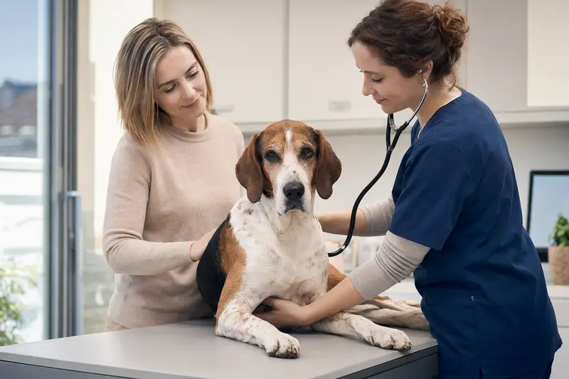 Ein ruhiger English Foxhound wird von einer freundlichen Tierärztin mit einem Stethoskop auf einem Untersuchungstisch in einer modernen Tierarztpraxis untersucht, während der Besitzer beruhigend danebensteht.