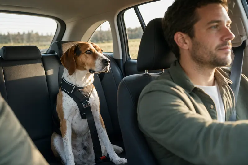 Ein English Foxhound sitzt sicher angeschnallt auf der Rückbank eines Autos, während der Besitzer fährt.