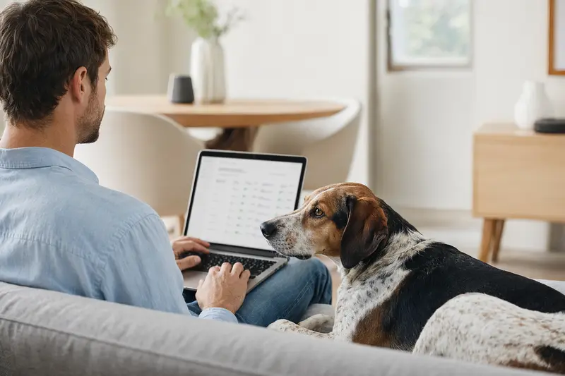 Ein Hundebesitzer sitzt mit einem Laptop auf dem Sofa, während ein English Foxhound daneben liegt und beruhigend wirkt.