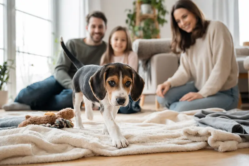 Ein neugieriger English Foxhound Welpe erkundet sein neues Zuhause mit einer liebevollen Familie im Hintergrund.